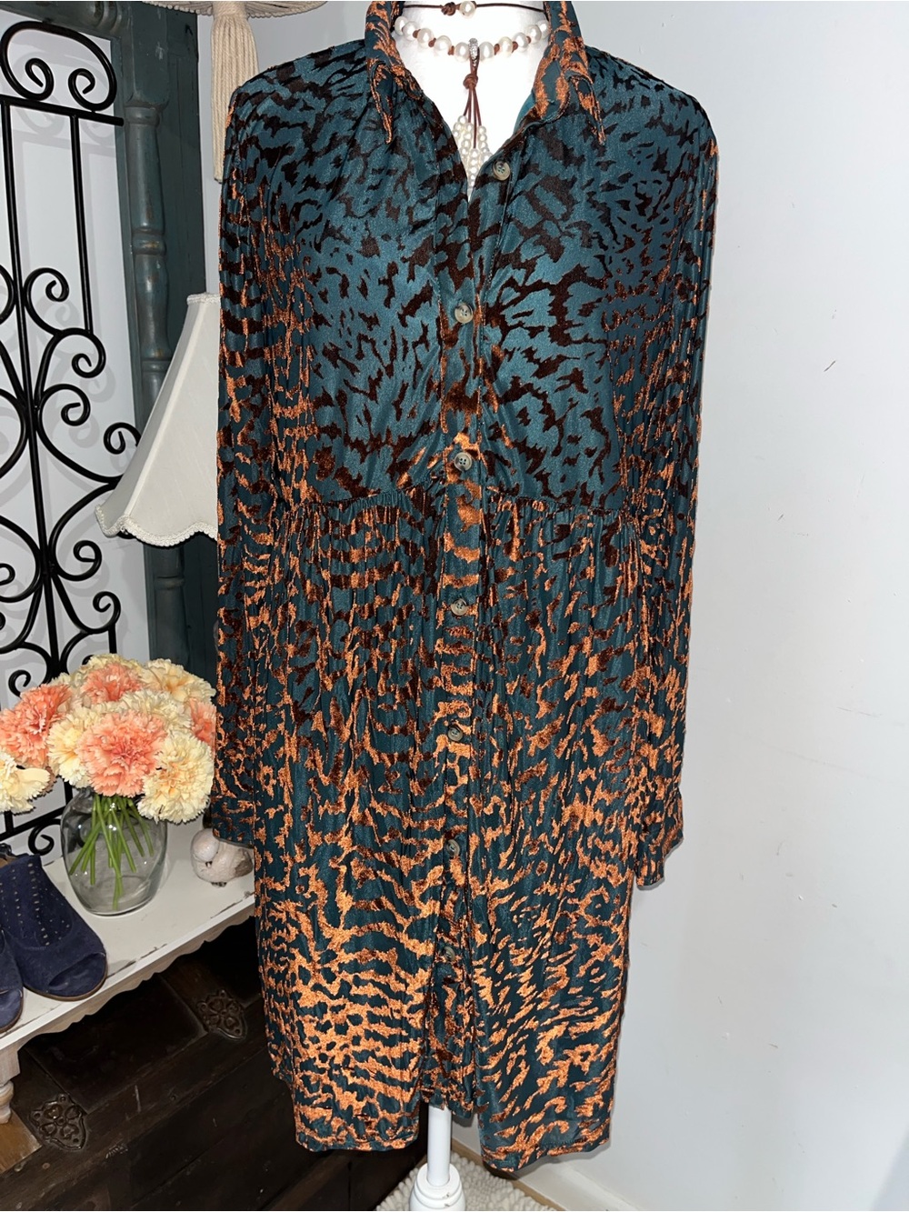 Women's Velvet Teal and Rust Print Button-Front Dress